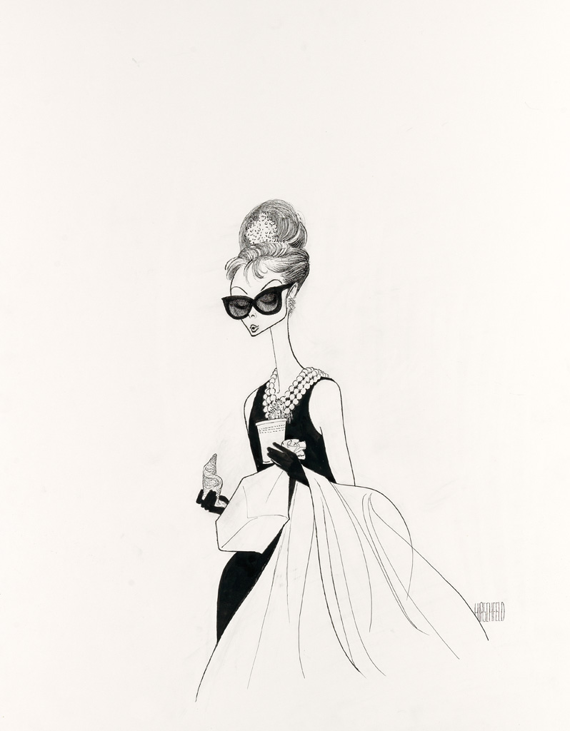 (FILM / CARICATURE.) AL HIRSCHFELD. Breakfast at Tiffanys, Audrey Hepburn with Schraffts bag and croissant.